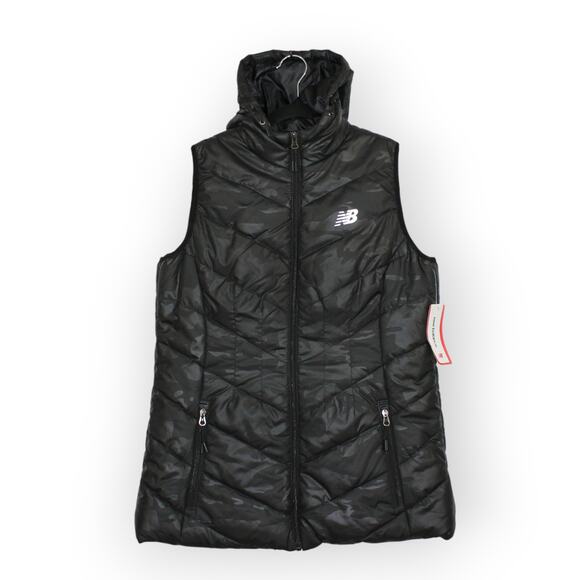 Women Large NEW BALANCE Puffer Tech Vest Hood ZipPockets BlackCamo - Picture 1 of 14